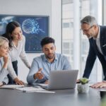 Professionelles Business-Beitragsbild: Ein junger Consultant und ein erfahrener Berater stehen vor einem digitalen Whiteboard mit abstrakten KI-Visualisierungen und diskutieren strategische Konzepte