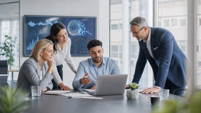 Professionelles Business-Beitragsbild: Ein junger Consultant und ein erfahrener Berater stehen vor einem digitalen Whiteboard mit abstrakten KI-Visualisierungen und diskutieren strategische Konzepte