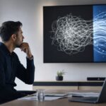 Berufseinsteiger diskutieren vor einem digitalen Whiteboard mit KI-Diagrammen im modernen Consulting-Büro