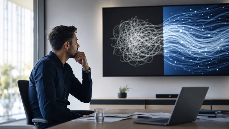 Berufseinsteiger diskutieren vor einem digitalen Whiteboard mit KI-Diagrammen im modernen Consulting-Büro