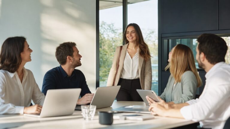 Professionelles Business-Beitragsbild: Ein junger Consultant analysiert Daten auf einem Tablet, während im Hintergrund eine abstrakte KI-Visualisierung mit neuronalen Netzwerken und Schaltkreisen zu sehen ist
