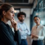 Junger Consultant im modernen Büro, arbeitet mit digitalen KI-Dashboards und grafischen Datenvisualisierungen an Laptop und Tablet, umgeben von abstrakten Netzwerkstrukturen