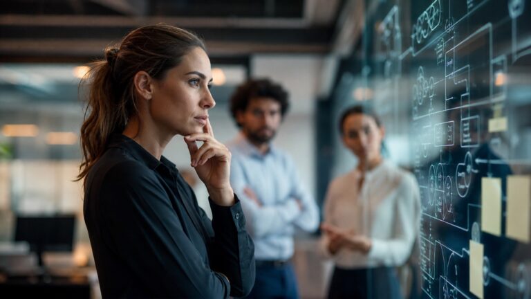 Junger Consultant im modernen Büro, arbeitet mit digitalen KI-Dashboards und grafischen Datenvisualisierungen an Laptop und Tablet, umgeben von abstrakten Netzwerkstrukturen