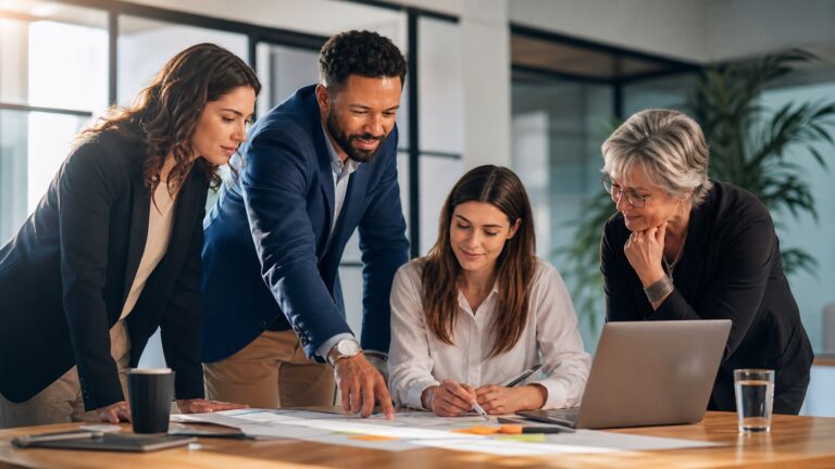 Business-Team in einem modernen Büro diskutiert vor einem Whiteboard mit Diagrammen und Notizen, symbolisch für analytisches und kritisches Denken im Beratungskontext