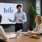 Professionelles Business-Beitragsbild, das eine moderne Beraterin in einem futuristischen Büro zeigt, umgeben von holografischen Datenvisualisierungen, die den Wandel der Consulting-Branche symbolisieren