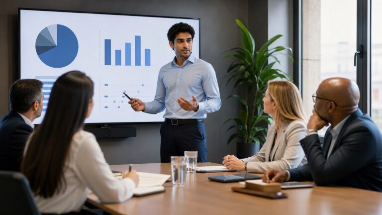 Consulting-Karriere 2030: Rollen, Kompetenzen und Perspektiven Professionelles Business-Beitragsbild, das eine moderne Beraterin in einem futuristischen Büro zeigt, umgeben von holografischen Datenvisualisierungen, die den Wandel der Consulting-Branche symbolisieren