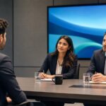 Professionelles Business-Beitragsbild: Eine junge Beraterin analysiert auf einem Tablet interaktive Datenvisualisierungen, symbolisch für KI-gestütztes Lernen und Entscheiden im Consulting
