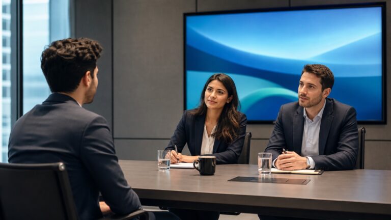 Professionelles Business-Beitragsbild: Eine junge Beraterin analysiert auf einem Tablet interaktive Datenvisualisierungen, symbolisch für KI-gestütztes Lernen und Entscheiden im Consulting