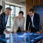 Professionelle Business-Umgebung mit einem Laptop, auf dem eine KI-gestützte Interviewanalyse visualisiert wird, umgeben von Notizen und einem Headset