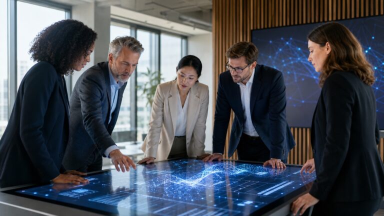Wie sich Bewerbungsgespräche im Consulting durch KI verändern Professionelle Business-Umgebung mit einem Laptop, auf dem eine KI-gestützte Interviewanalyse visualisiert wird, umgeben von Notizen und einem Headset