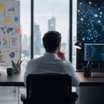 Professionelles Business-Umfeld: Zwei Personen in einem modernen Büro diskutieren an einem Tisch mit Laptop und holografischen KI-Visualisierungen, die Datenanalyse und Strategie symbolisieren