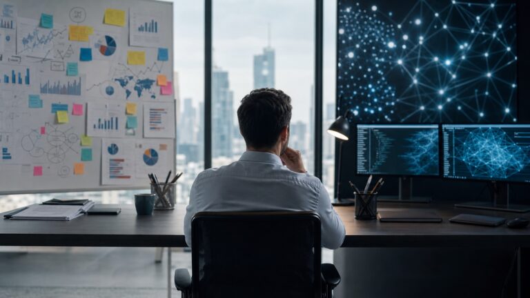 Professionelles Business-Umfeld: Zwei Personen in einem modernen Büro diskutieren an einem Tisch mit Laptop und holografischen KI-Visualisierungen, die Datenanalyse und Strategie symbolisieren