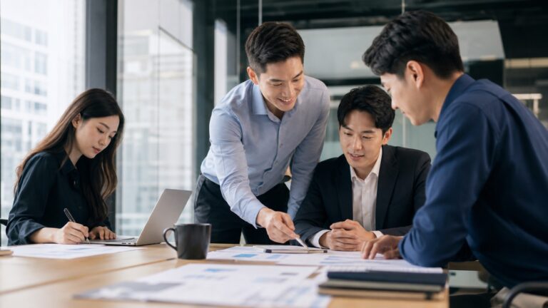 Professionelles Business-Bild mit einem selbstbewussten Berater, der konzentriert und gelassen an einem modernen Arbeitsplatz sitzt, umgeben von digitalen Tools und Notizen, die ein klares Kompetenzprofil symbolisieren