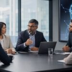 Business-Mentor und junger Consultant im Gespräch, im Hintergrund abstrakte KI-Visualisierung auf einem Bildschirm
