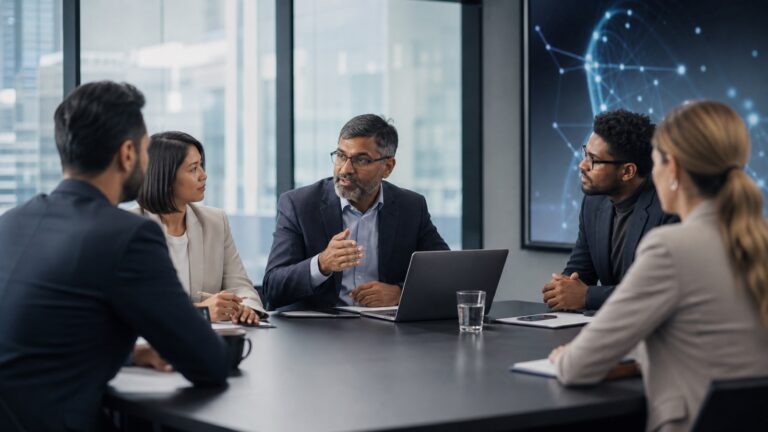 Business-Mentor und junger Consultant im Gespräch, im Hintergrund abstrakte KI-Visualisierung auf einem Bildschirm