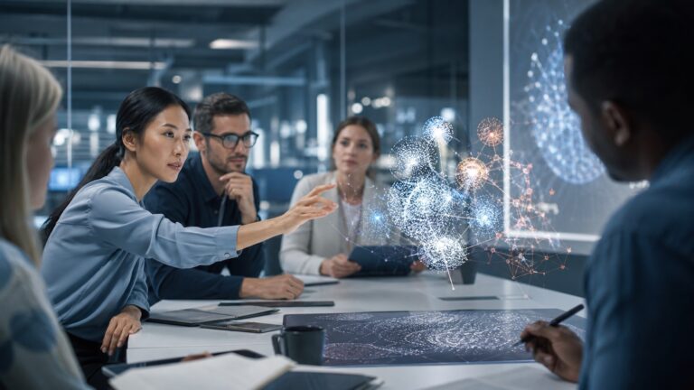 Junger Consultant präsentiert selbstbewusst vor einem Team in einem modernen Besprechungsraum mit Glaswänden und digitalem Whiteboard