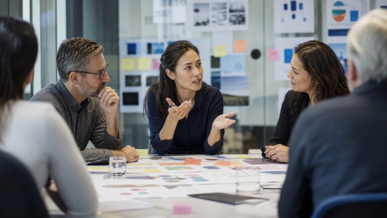 Weiterbildung für Consultants: Welche KI-Themen wirklich relevant sind Professionelles Business-Beitragsbild: eine diverse Gruppe von Consultants diskutiert an einem Tisch mit Laptops, auf denen KI-Dashboards und Datenvisualisierungen zu sehen sind, im Hintergrund moderne Büroarchitektur