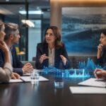 Professionelles Business-Beitragsbild mit einer Person, die an einem Laptop arbeitet und ein holografisches Profilnetzwerk betrachtet, das KI und persönliche Entwicklung symbolisiert