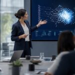 Professionelles Business-Bild mit abstrakter Darstellung von KI und Consulting, etwa ein Mensch und eine KI-Grafik im Dialog vor einem modernen Bürohintergrund