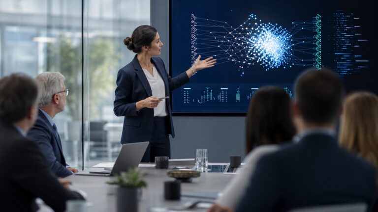 Karrierewechsel ins Consulting: Neue Chancen durch KI-Kompetenz Professionelles Business-Bild mit abstrakter Darstellung von KI und Consulting, etwa ein Mensch und eine KI-Grafik im Dialog vor einem modernen Bürohintergrund