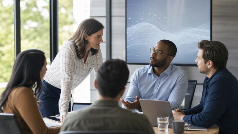 Professionelles Business-Bild: Eine Führungskraft im Beratungsumfeld, die mit ihrem Team vor einem digitalen Dashboard mit KI-Analysen steht und gemeinsam Strategien diskutiert