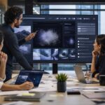 Professionelles Business-Bild, das die Verbindung von Beratung und Künstlicher Intelligenz symbolisiert, mit abstrakten digitalen Elementen und einem Beraterteam im Hintergrund