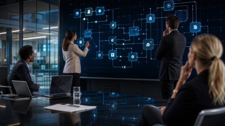 KI in der Strategieberatung: Von der Recherche zur Entscheidung Professionelles Business-Beitragsbild: Zwei Consultants analysieren interaktiv KI-gestützte Strategiedaten auf einem großen Touchscreen in einem modernen Büro