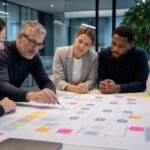 Professionelles Business-Bild: Ein Consultant analysiert KI-generierte Marktdaten auf einem interaktiven Dashboard, umgeben von Diagrammen und digitalen Netzwerken