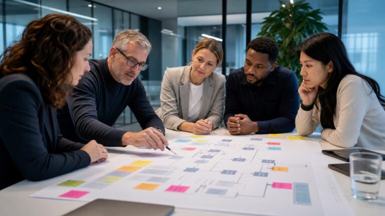 Professionelles Business-Bild: Ein Consultant analysiert KI-generierte Marktdaten auf einem interaktiven Dashboard, umgeben von Diagrammen und digitalen Netzwerken