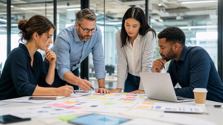 Professionelle Präsentationsvorbereitung mit KI-Unterstützung im modernen Büro