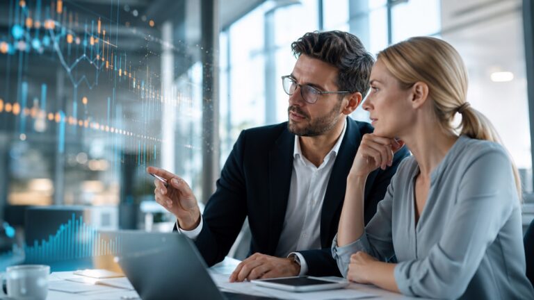 Professionelles Business-Bild: Ein junger Consultant nutzt eine KI-gestützte Wissensplattform auf einem Tablet, im Hintergrund sind abstrakte Netzwerkstrukturen und Dokumentensymbole zu sehen, die die intelligente Vernetzung von Projektwissen visualisieren