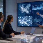 Zwei Business-Experten diskutieren vor einem Bildschirm mit KI-Analysen und hinterfragen die dargestellten Daten kritisch