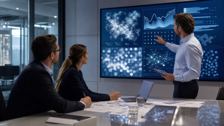 Wie Berater KI-Ergebnisse kritisch prüfen Zwei Business-Experten diskutieren vor einem Bildschirm mit KI-Analysen und hinterfragen die dargestellten Daten kritisch