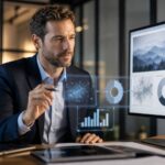 Professionelles Business-Team diskutiert vor digitalem Dashboard mit KI-gestützten Prozessvisualisierungen und Datenanalysen