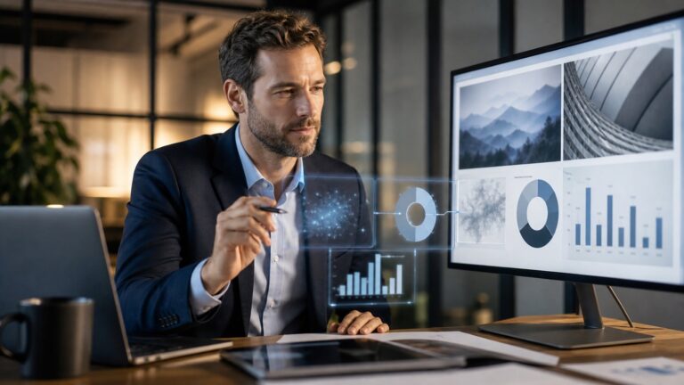 Professionelles Business-Team diskutiert vor digitalem Dashboard mit KI-gestützten Prozessvisualisierungen und Datenanalysen