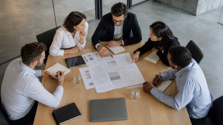 Professionelles Business-Bild mit abstrakten Datenvisualisierungen und vernetzten Strukturen, die Szenarioanalysen und KI symbolisieren