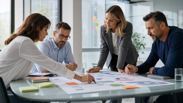 Professionelles Business-Beitragsbild mit abstrakter Darstellung von KI und Projektmanagement, Teamarbeit und Technologie