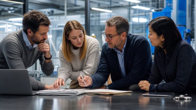 Professionelles Business-Bild: Eine Person sitzt an einem modernen Schreibtisch und betrachtet einen Bildschirm mit einem strukturierten Fragebogen, daneben stilisiert ein KI-Symbol, das eine Verbindung zwischen Technologie und Interviewvorbereitung symbolisiert