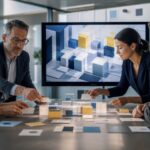 Professionelles Business-Beitragsbild: Zwei Berater in einem modernen Büro diskutieren vor einem großen Bildschirm, der eine KI-gestützte Wissensmanagement-Plattform mit vernetzten Daten und Analysen visualisiert