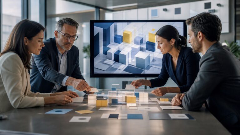 Professionelles Business-Beitragsbild: Zwei Berater in einem modernen Büro diskutieren vor einem großen Bildschirm, der eine KI-gestützte Wissensmanagement-Plattform mit vernetzten Daten und Analysen visualisiert