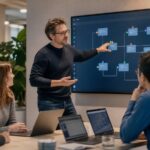 Professionelles Business-Bild mit Symbolen für Künstliche Intelligenz und Teamarbeit, die Transformation und menschliche Begleitung darstellen