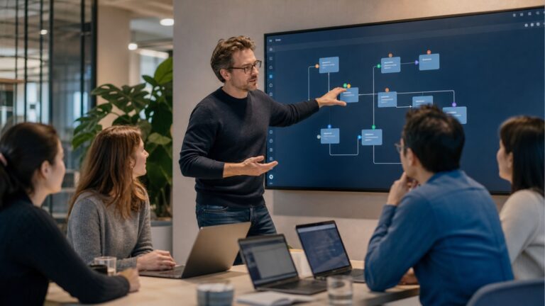 Professionelles Business-Bild mit Symbolen für Künstliche Intelligenz und Teamarbeit, die Transformation und menschliche Begleitung darstellen