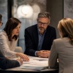 Professionelles Business-Beitragsbild, das die Messbarkeit von KI-Projekten symbolisiert: Ein Dashboard mit Diagrammen und KI-Symbolen, daneben ein Beraterteam im Gespräch