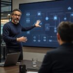 Professionelles Business-Beitragsbild, das den Übergang von kleinen KI-Pilotprojekten zur großen Skalierung in der Beratung symbolisiert, mit abstrakten Netzwerken und Datenvisualisierungen