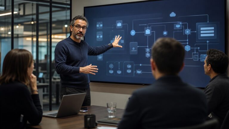 Von Pilotprojekten zur Skalierung: KI in der Beratung verankern Professionelles Business-Beitragsbild, das den Übergang von kleinen KI-Pilotprojekten zur großen Skalierung in der Beratung symbolisiert, mit abstrakten Netzwerken und Datenvisualisierungen