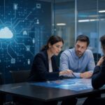 Professionelles Business-Beitragsbild mit abstrakter Darstellung von KI-Governance: Eine Waage, die auf der einen Seite ein künstliches neuronales Netz und auf der anderen Seite ein Regelwerk-Symbol balanciert, umgeben von digitalen Partikeln und einem modernen Büro-Hintergrund