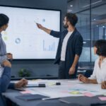Professionelles Business-Beitragsbild: Zwei Berater analysieren KI-gestützte Due-Diligence-Daten auf einem Bildschirm, im Hintergrund abstrakte digitale Vertrags- und Risikovisualisierungen