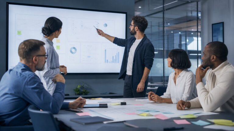 Professionelles Business-Beitragsbild: Zwei Berater analysieren KI-gestützte Due-Diligence-Daten auf einem Bildschirm, im Hintergrund abstrakte digitale Vertrags- und Risikovisualisierungen