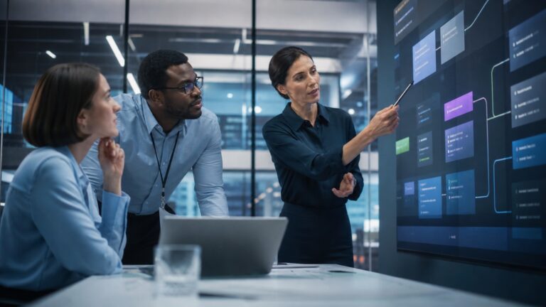 Professionelles Business-Beitragsbild: Zwei Consultants analysieren eine KI-Priorisierungsmatrix auf einem Whiteboard, um belastbare Use Cases auszuwählen