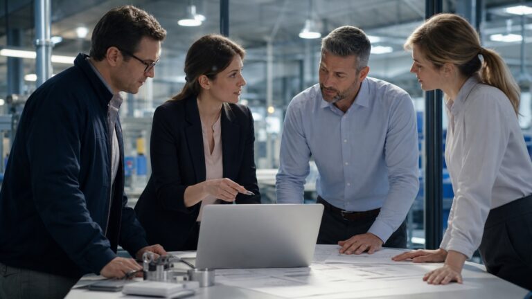 Warum KI-Kompetenz ohne Beratungskompetenz nicht reicht Professionelles Business-Bild: Ein junger Consultant erklärt einem Team an einem Whiteboard ein KI-Konzept, während eine abstrakte digitale Datenvisualisierung im Hintergrund die Verbindung von Technologie und Beratung symbolisiert